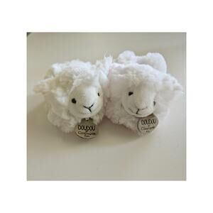 NWOB DouDou Et Compagnie Paris White Lamb Baby Rattle Slippers, Size Newborn